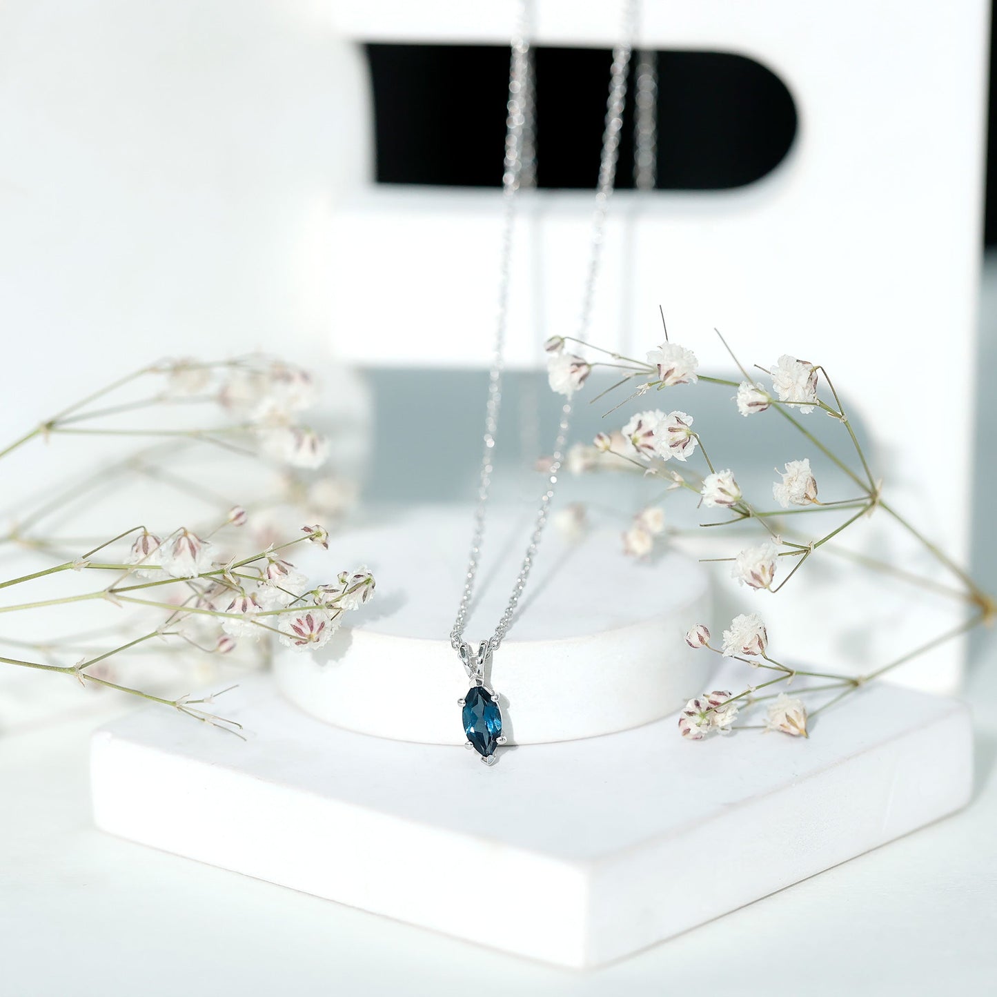 Real 0.7 Carat Marquise London Blue Topaz Necklace with Silver Chain