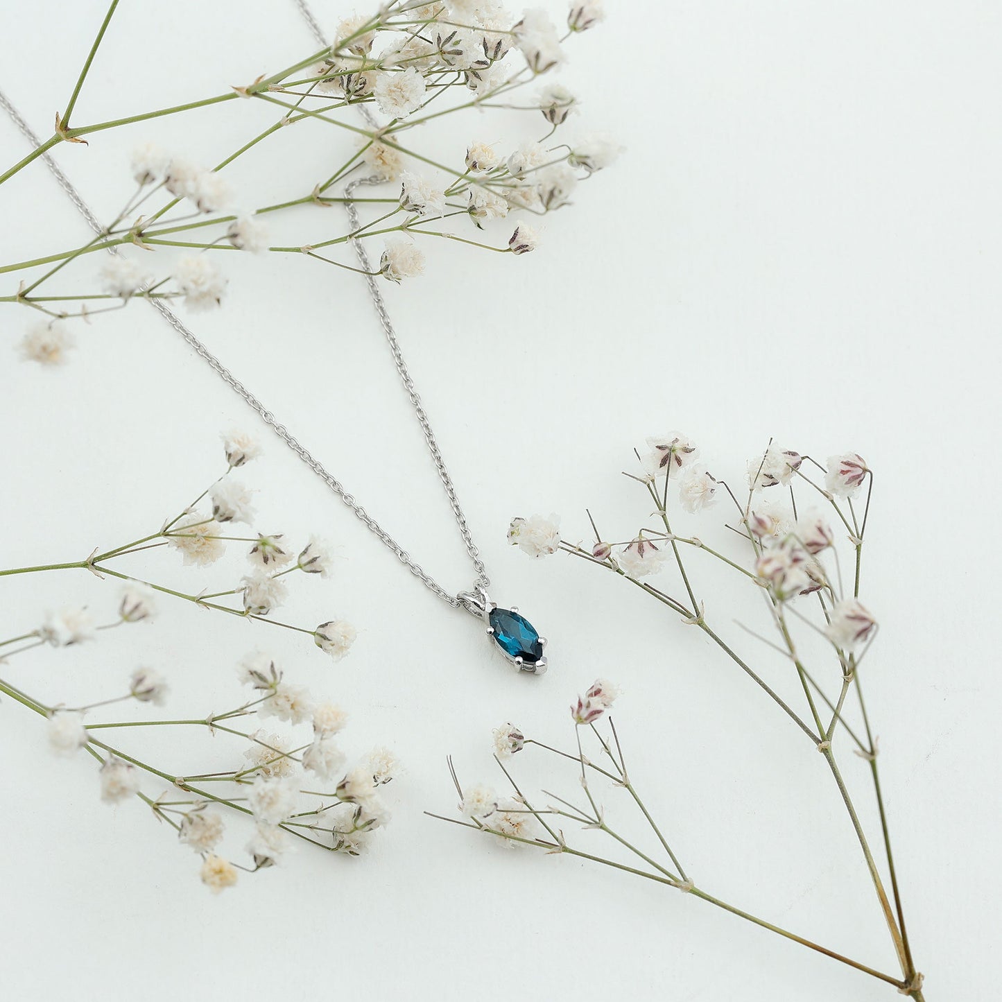 Real 0.7 Carat Marquise London Blue Topaz Necklace with Silver Chain