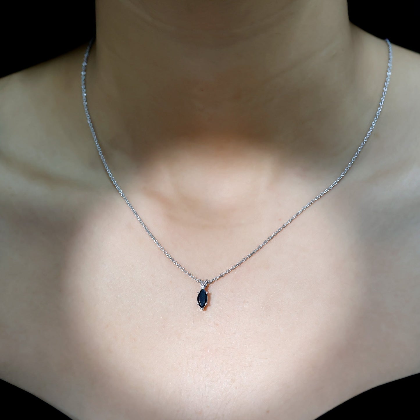 Real 0.7 Carat Black Spinel Marquise Necklace with Silver Chain