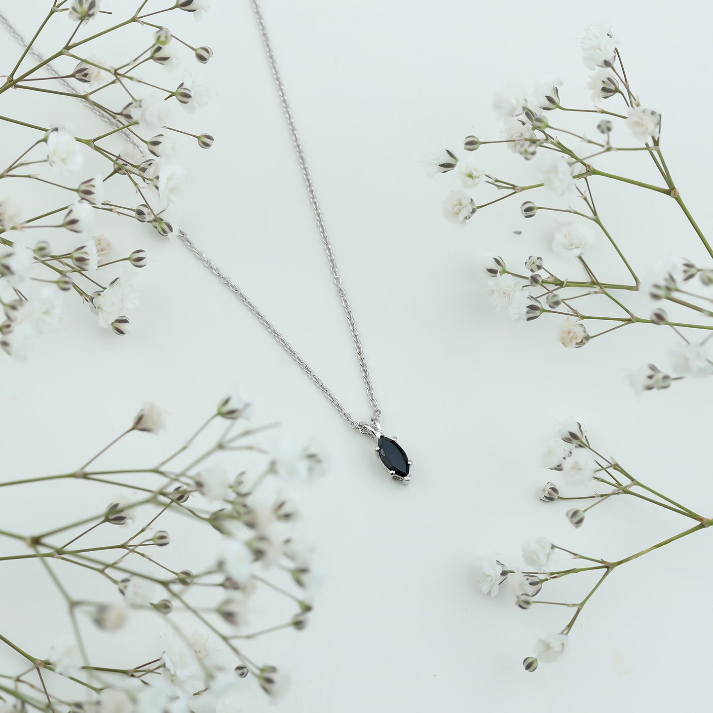 Real 0.7 Carat Black Spinel Marquise Necklace with Silver Chain