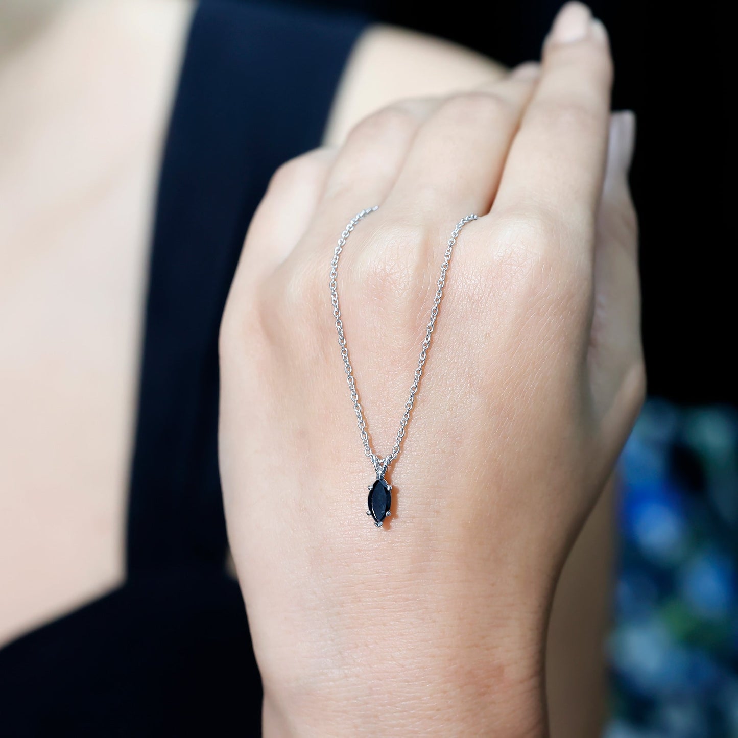 Real 0.7 Carat Black Spinel Marquise Necklace with Silver Chain