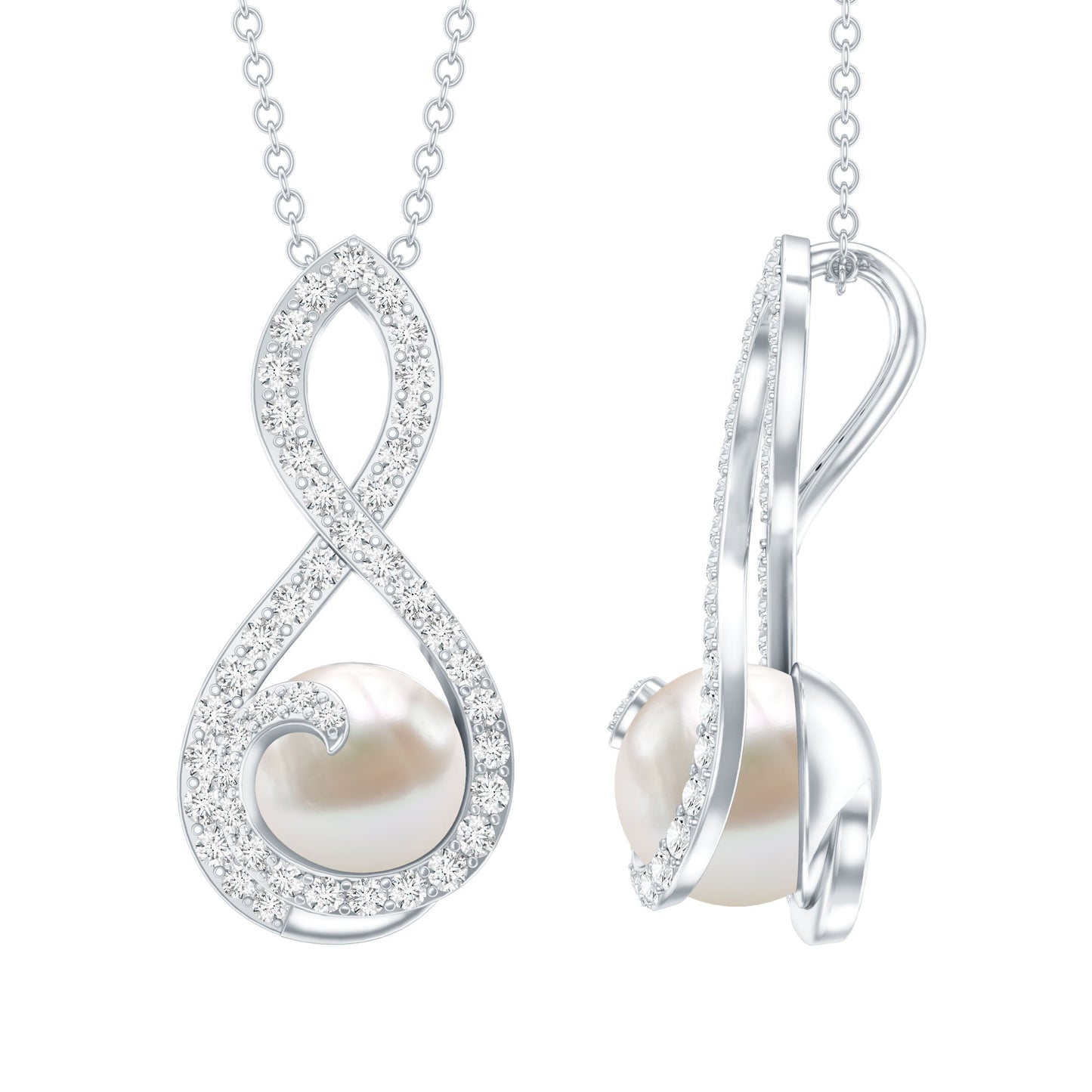 Freshwater White Pearl and Moissanite Infinity Pendant in Silver