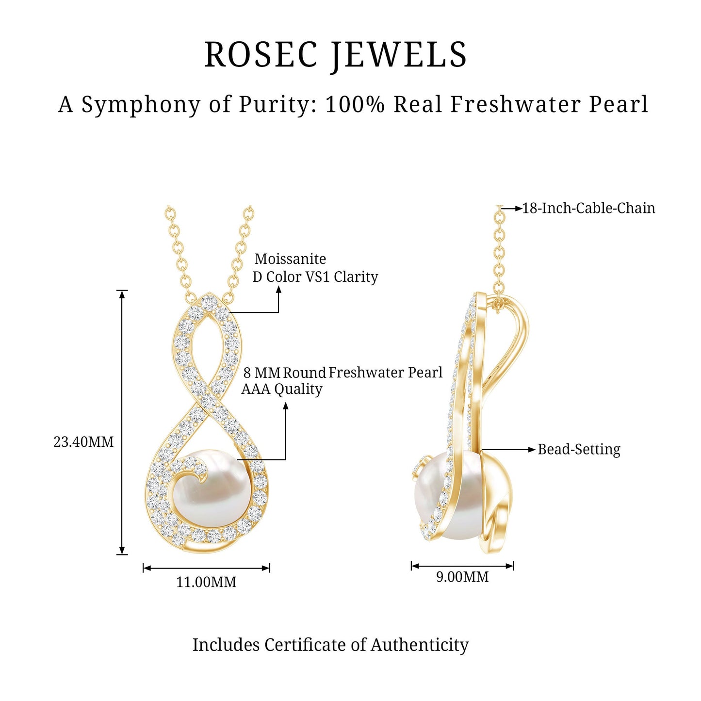 Designer Freshwater Pearl and Moissanite Infinity Necklace With Chain