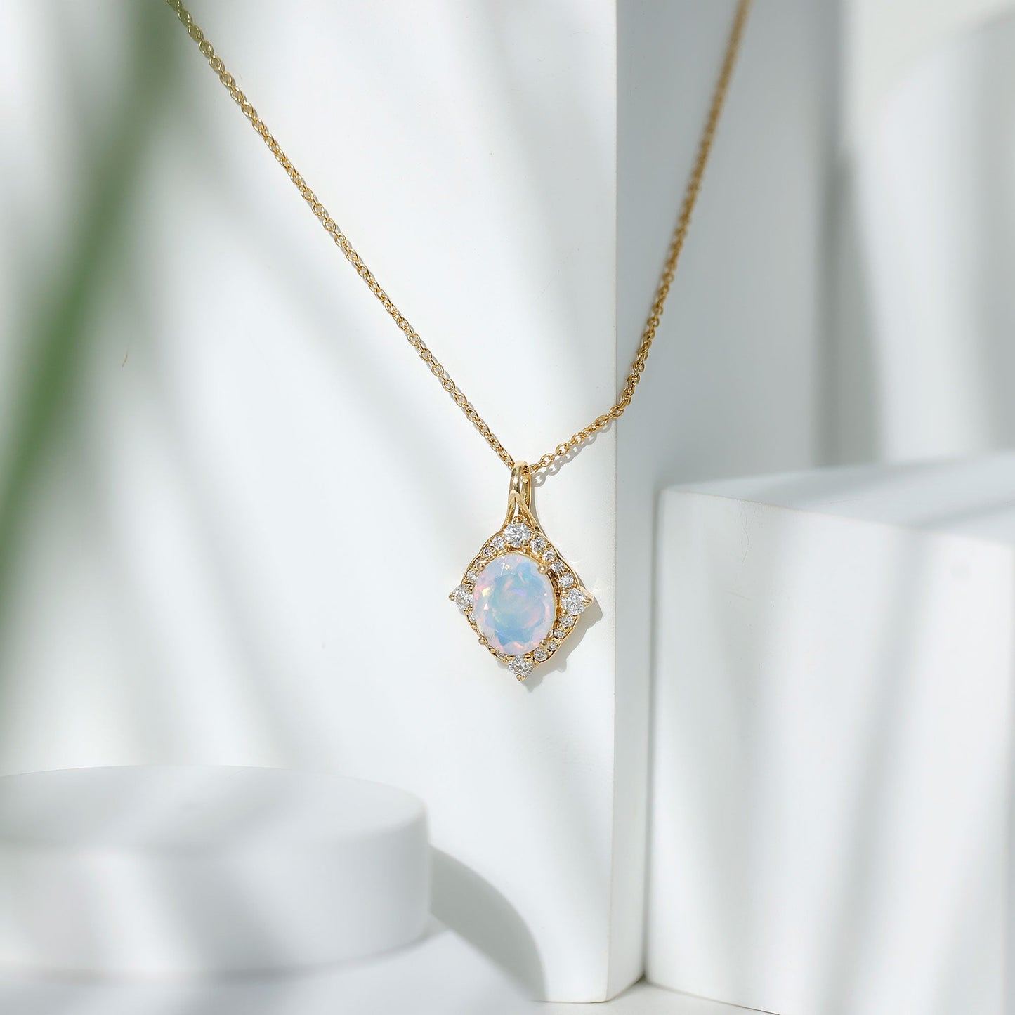 Vintage Inspired Oval Ethiopian Opal Halo Necklace with Chain