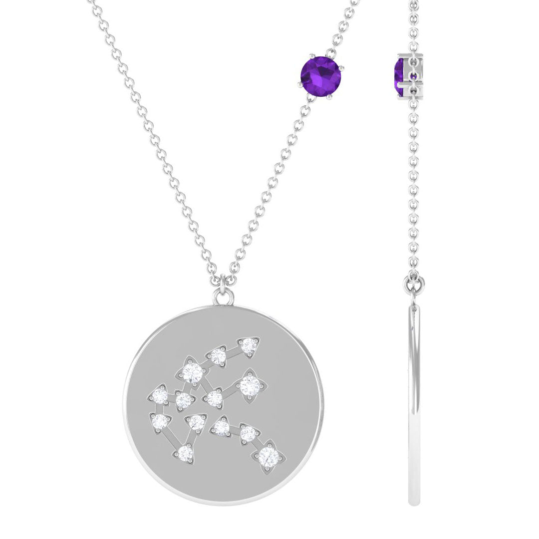Certified Real Amethyst Aquarius Zodiac Disc Necklace