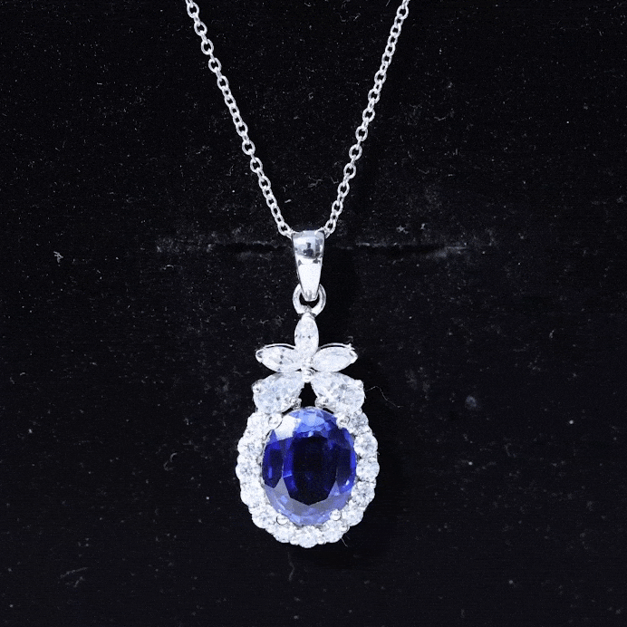 4 Carat Oval Shape Lab Created Blue Sapphire Statement Necklace with Moissanite