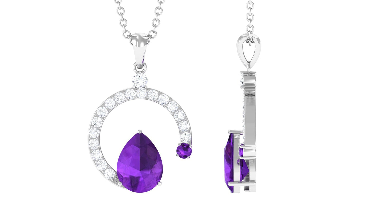 Contemporary Pear Shape Amethyst Pendant Necklace with Diamond