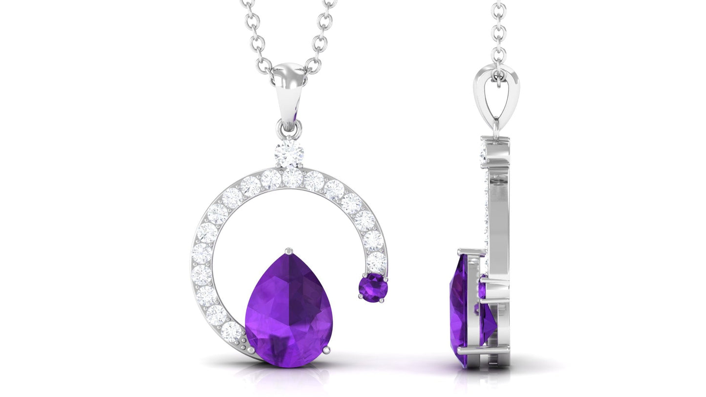 Contemporary Pear Shape Amethyst Pendant Necklace with Diamond