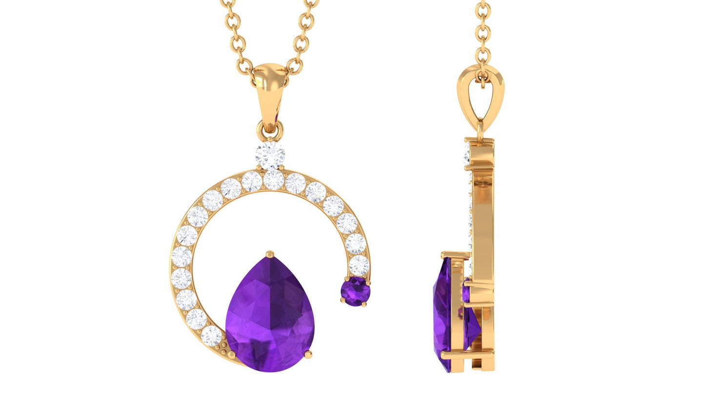 Contemporary Pear Shape Amethyst Pendant Necklace with Diamond