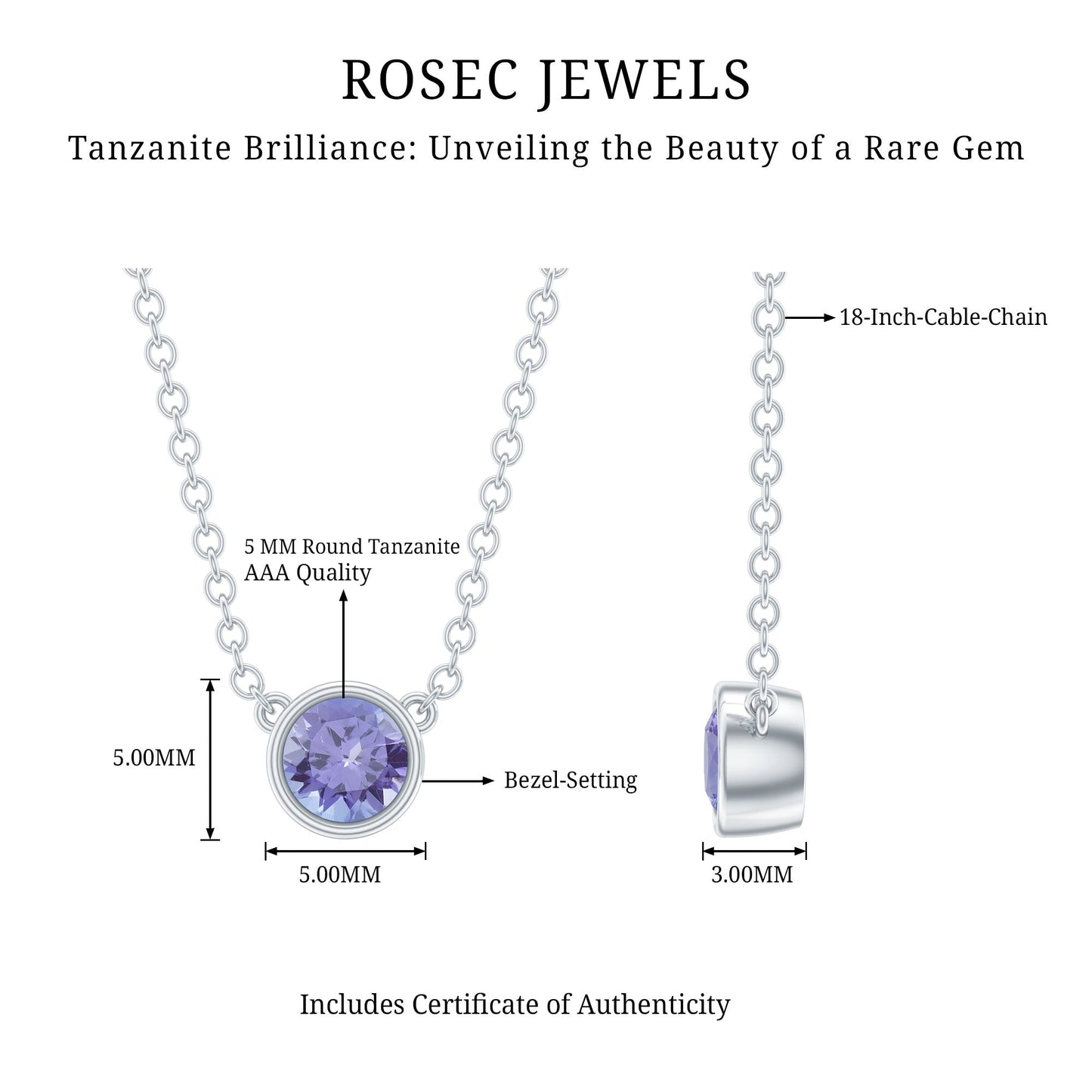 1/2 CT Tanzanite Solitaire Necklace in Bezel Setting