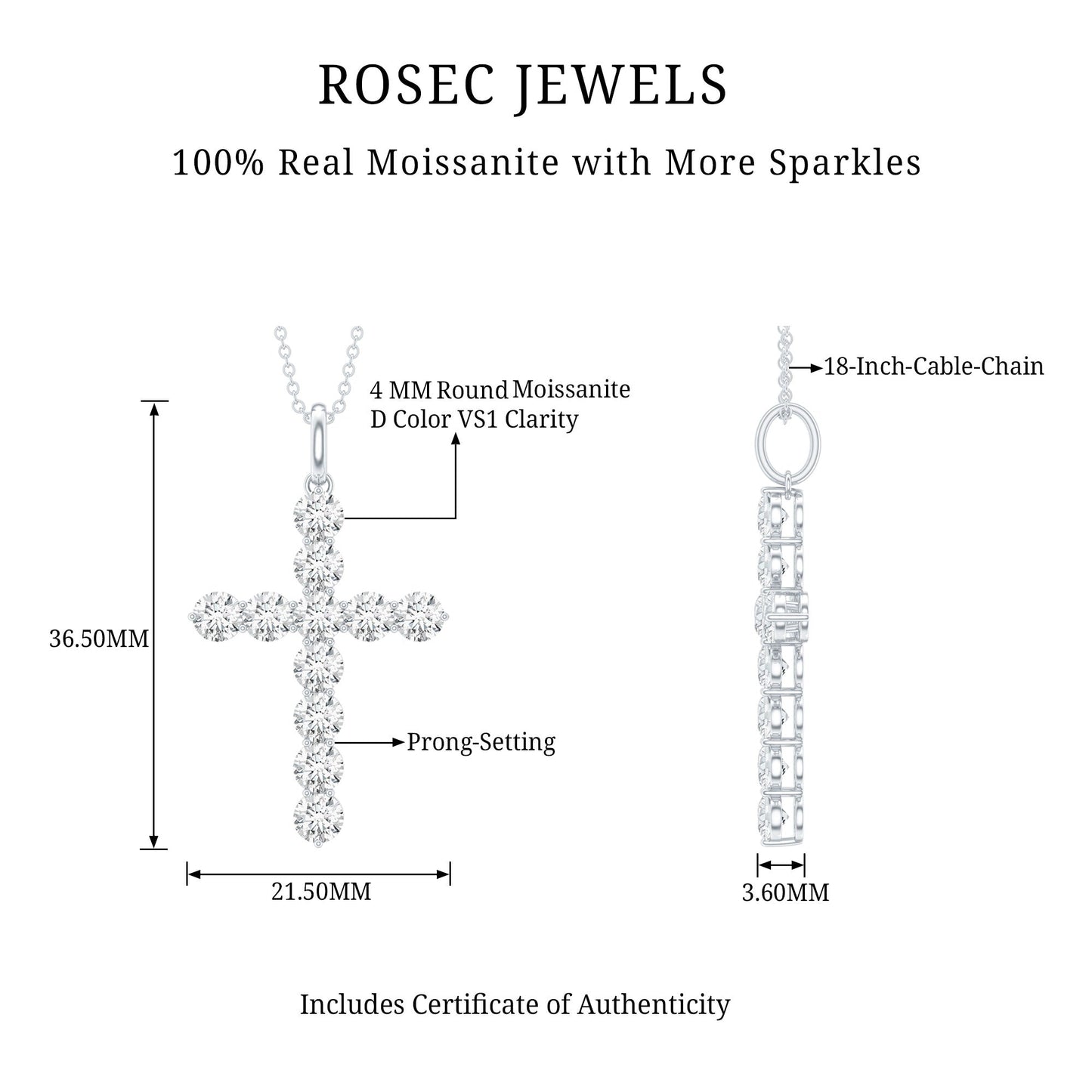 Certified Round Moissanite Cross Pendant Necklace