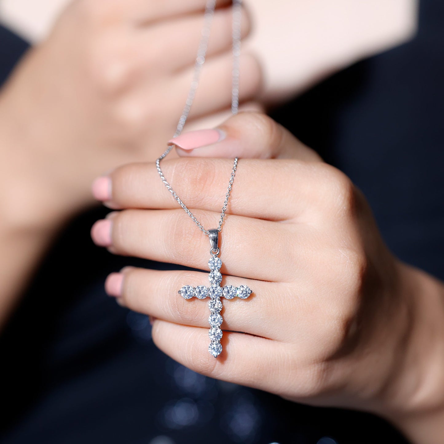Certified Moissanite Cross Necklace With Silver Chain