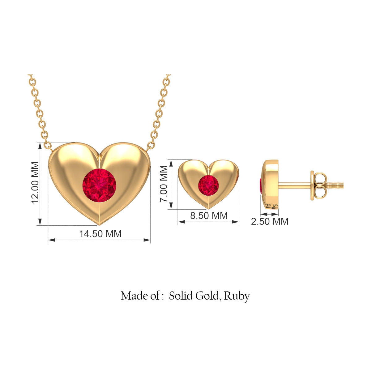 Real Ruby Heart Necklace and Stud Earring Set