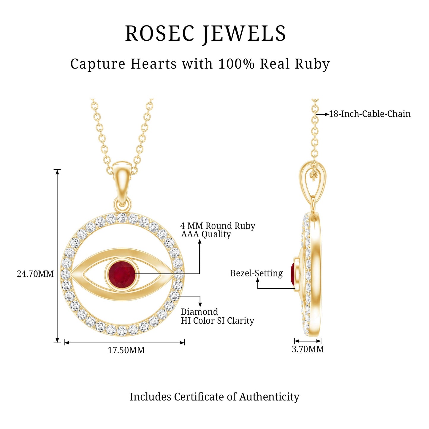 Real Ruby and Diamond Evil Eye Pendant Necklace