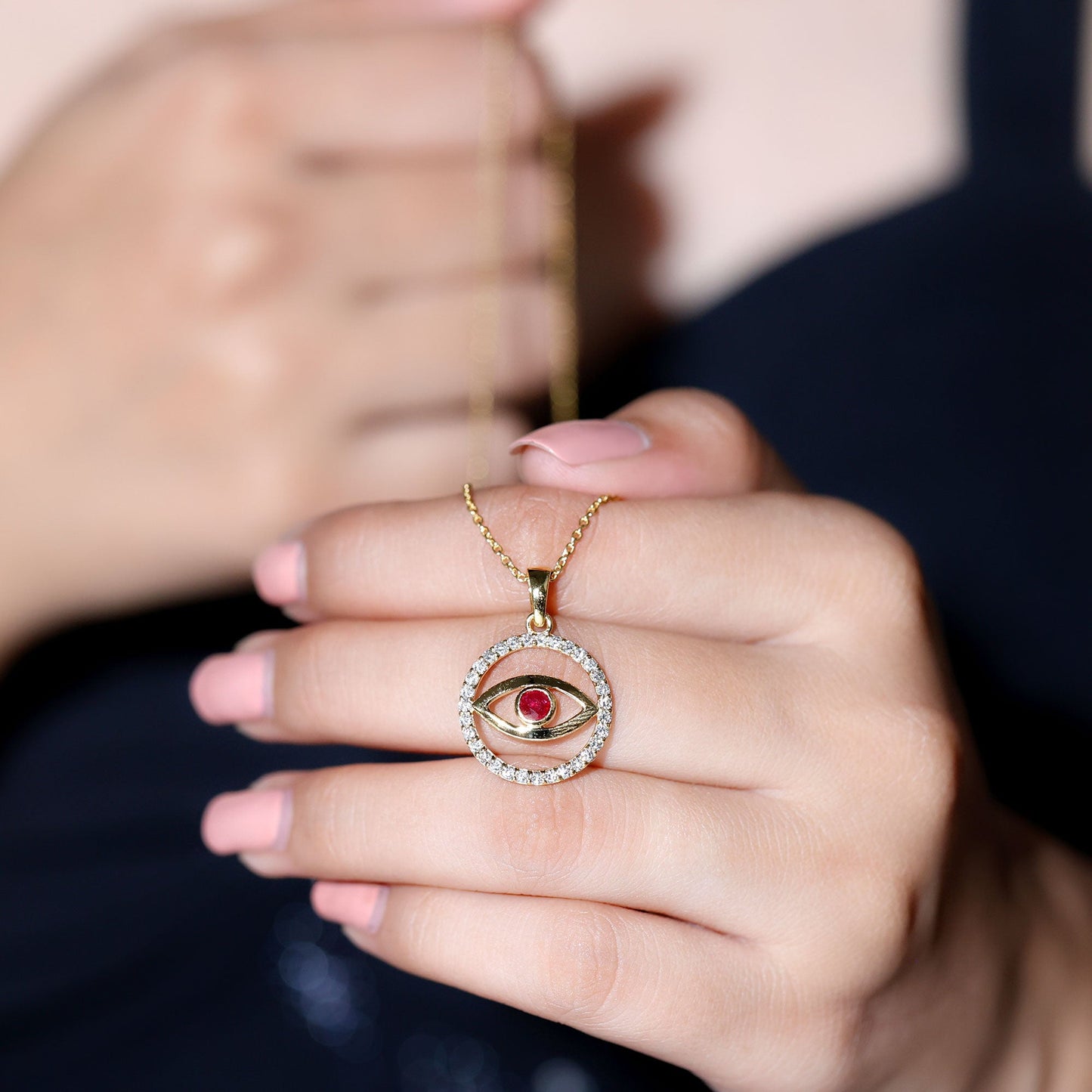Real Ruby and Diamond Evil Eye Pendant Necklace