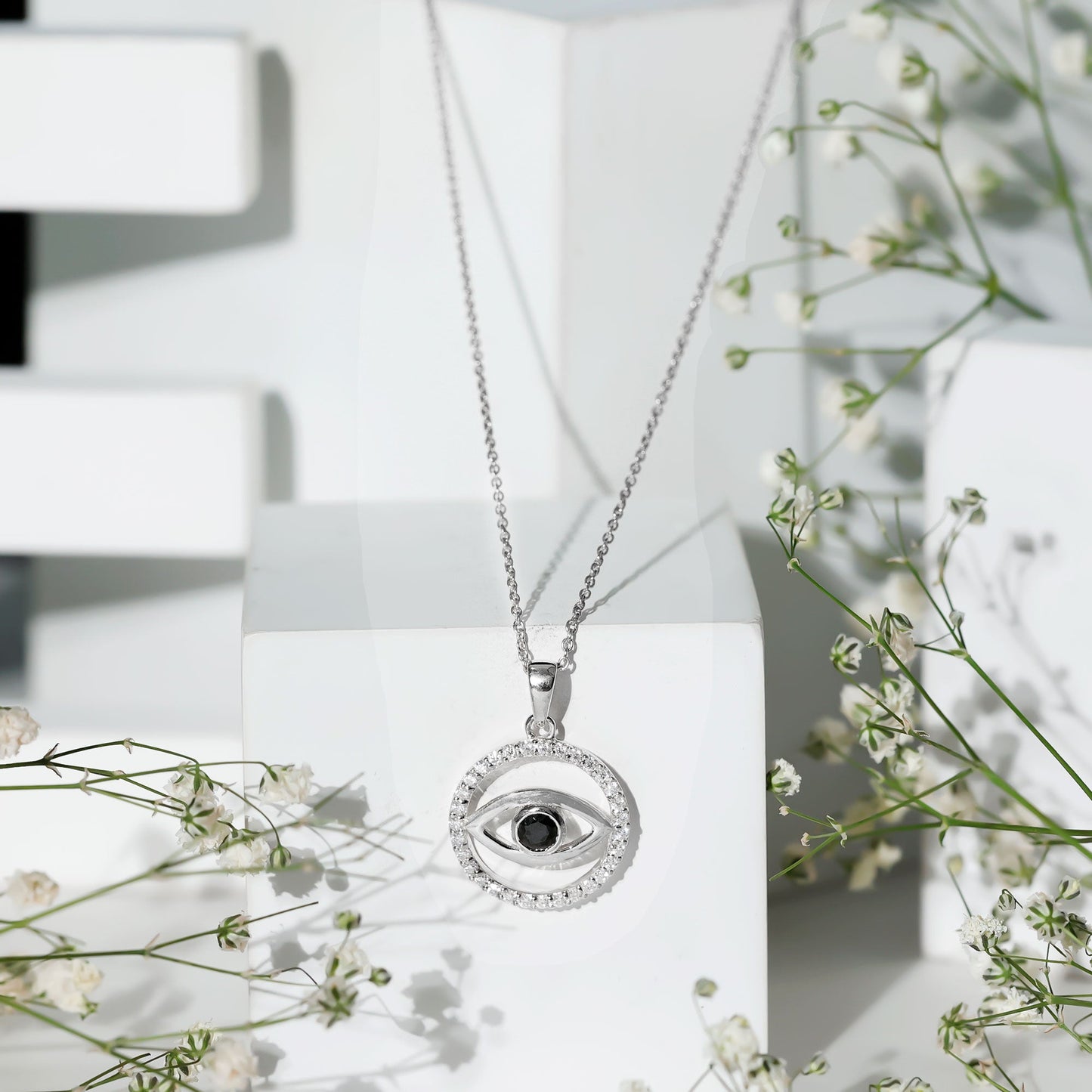 Black Onyx Evil Eye Pendant with Moissanite Eternity Circle