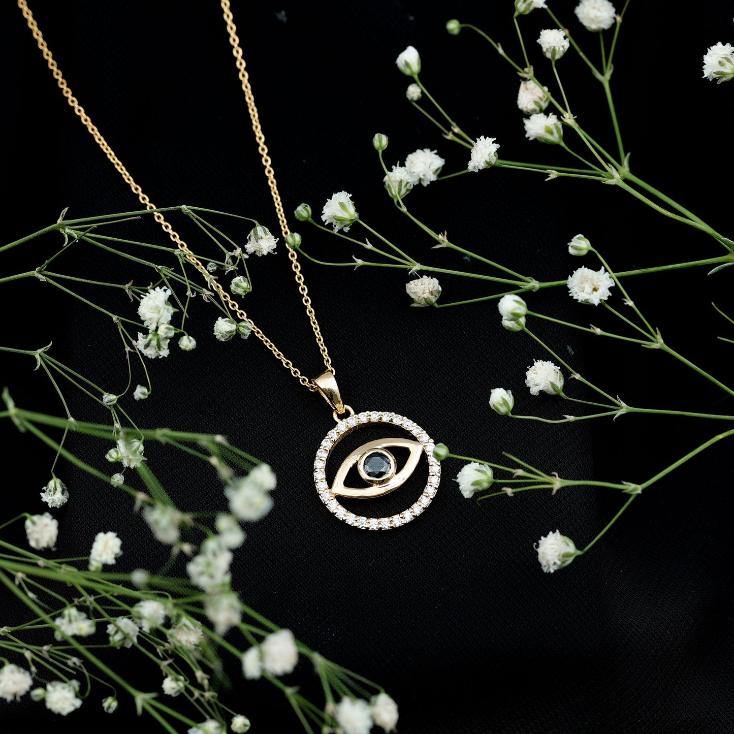 Black Onyx Evil Eye Pendant with Moissanite Eternity Circle