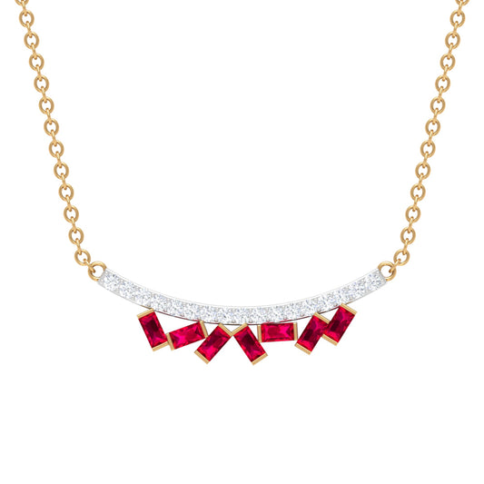 Baguette Cut Ruby Cluster Necklace with Diamond