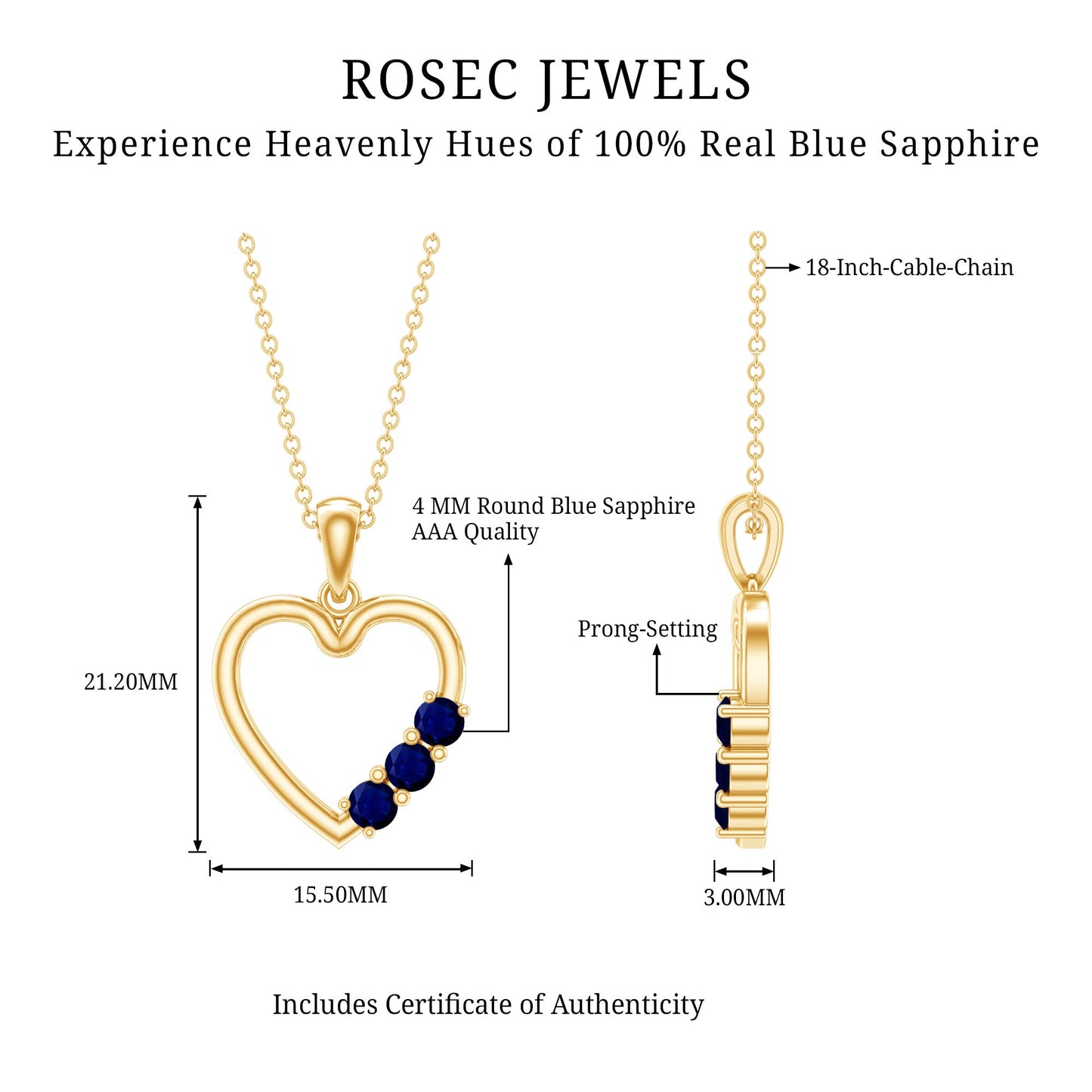 Natural Blue Sapphire Heart Pendant Necklace for Women