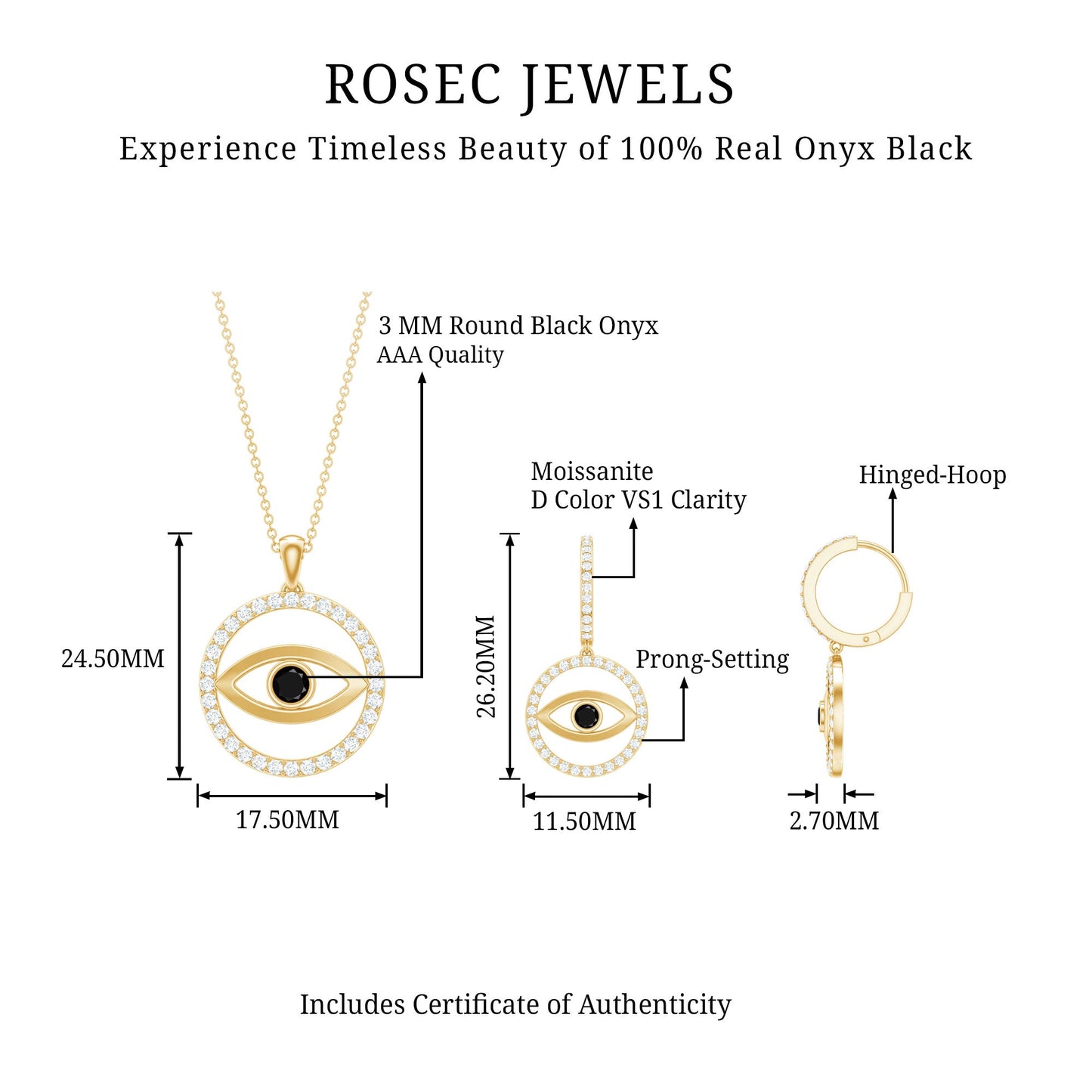 Black Onyx Evil Eye Necklace and Earrings Set with Certificate