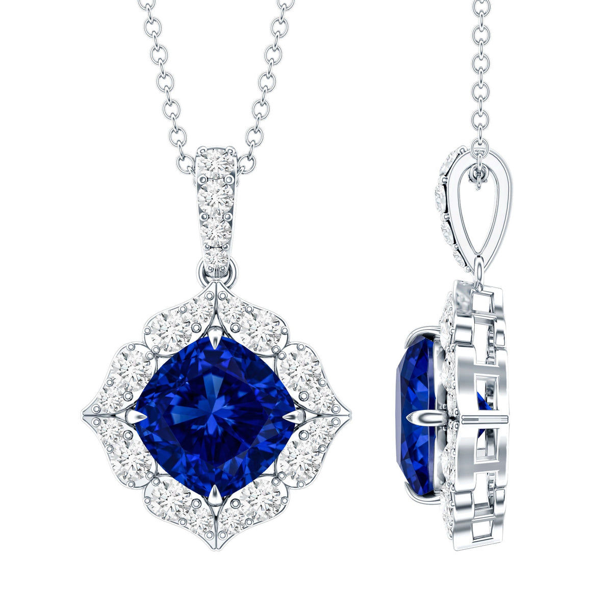 Vintage Inspired Lab Grown Blue Sapphire and Diamond Necklace
