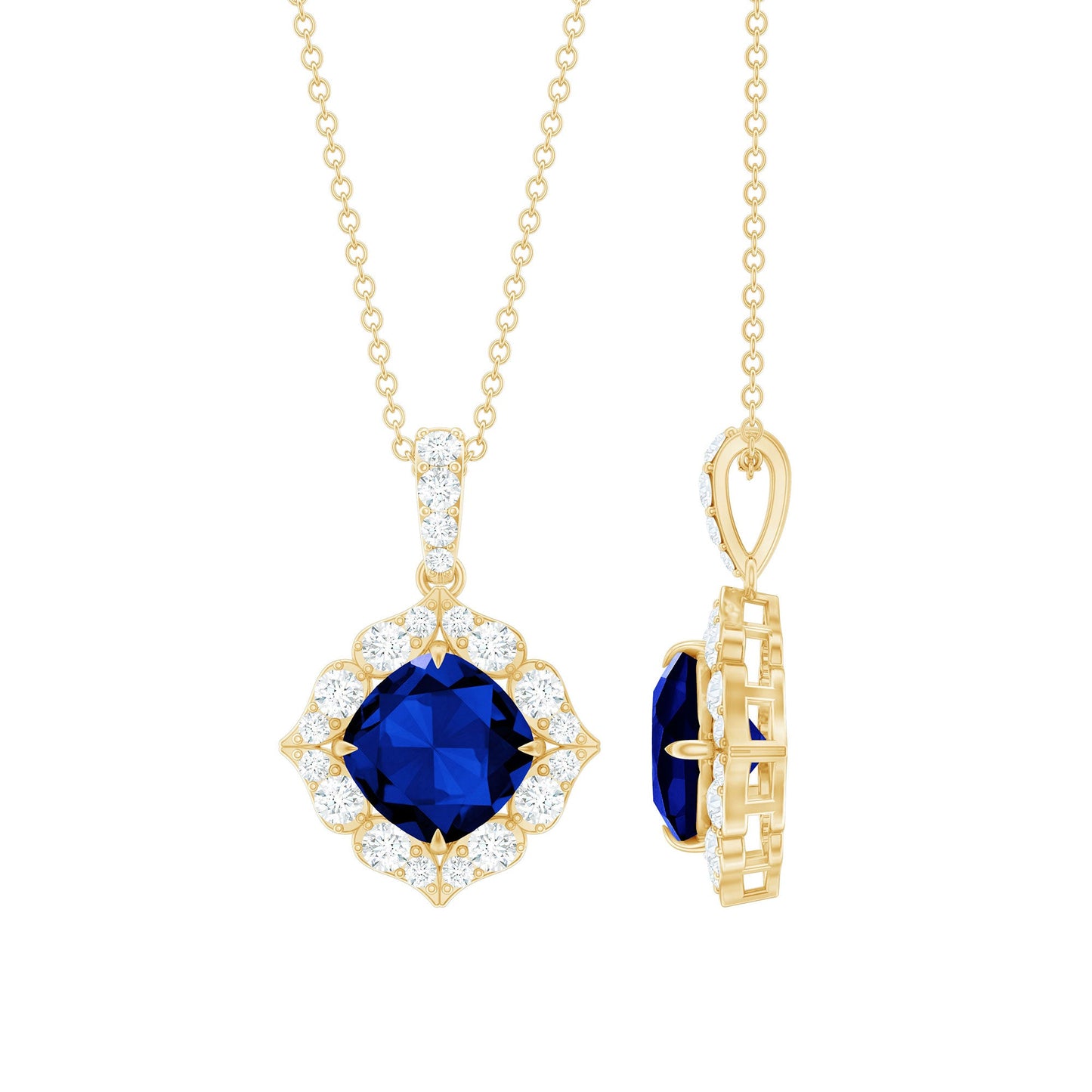 Vintage Inspired Lab Grown Blue Sapphire and Diamond Necklace