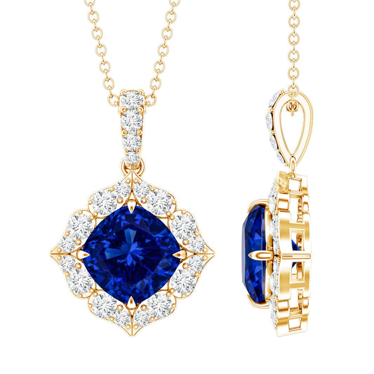 Vintage Inspired Lab Grown Blue Sapphire and Diamond Necklace