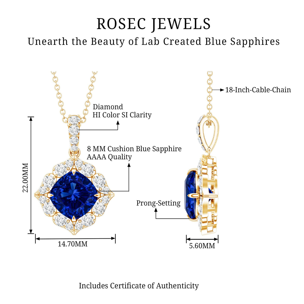 Vintage Inspired Lab Grown Blue Sapphire and Diamond Necklace