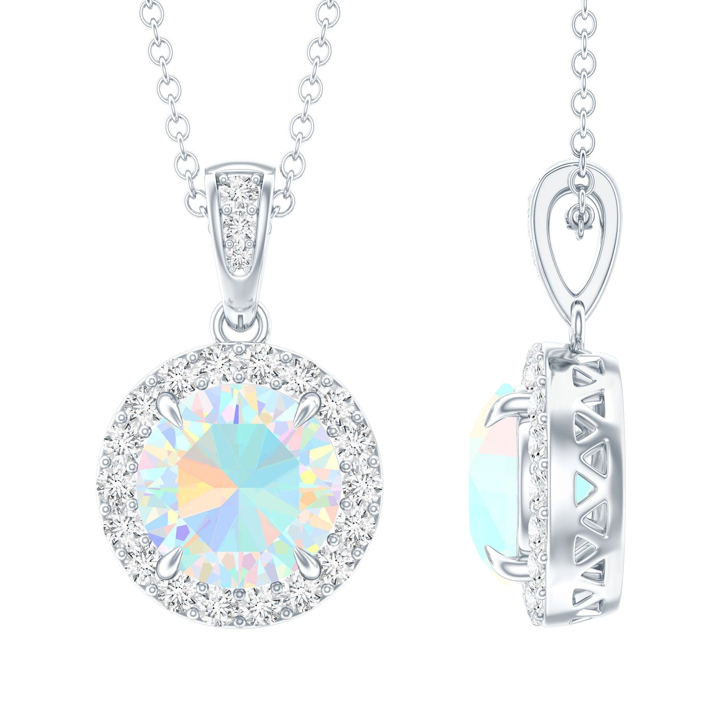 2 Carat Ethiopian Opal and Moissanite Halo Necklace with Silver Chain