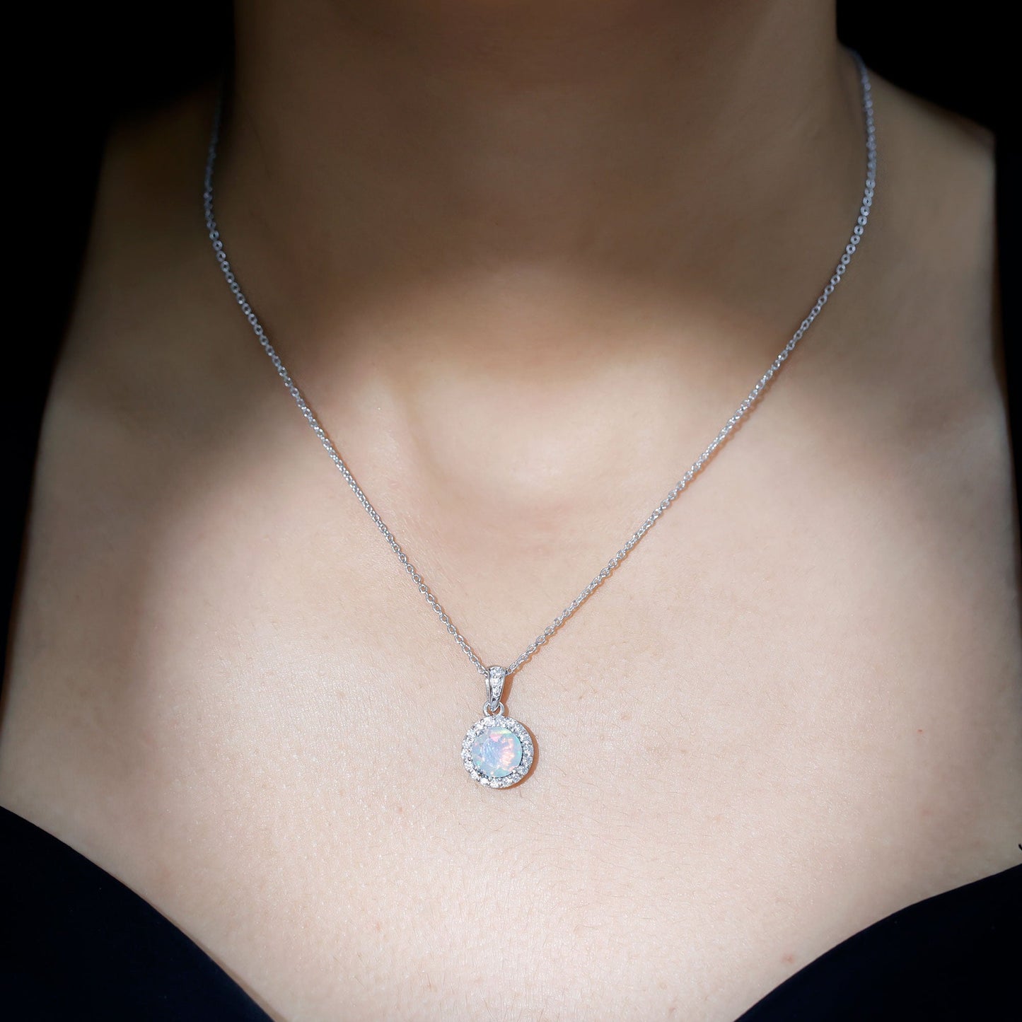 2 Carat Ethiopian Opal and Moissanite Halo Necklace with Silver Chain