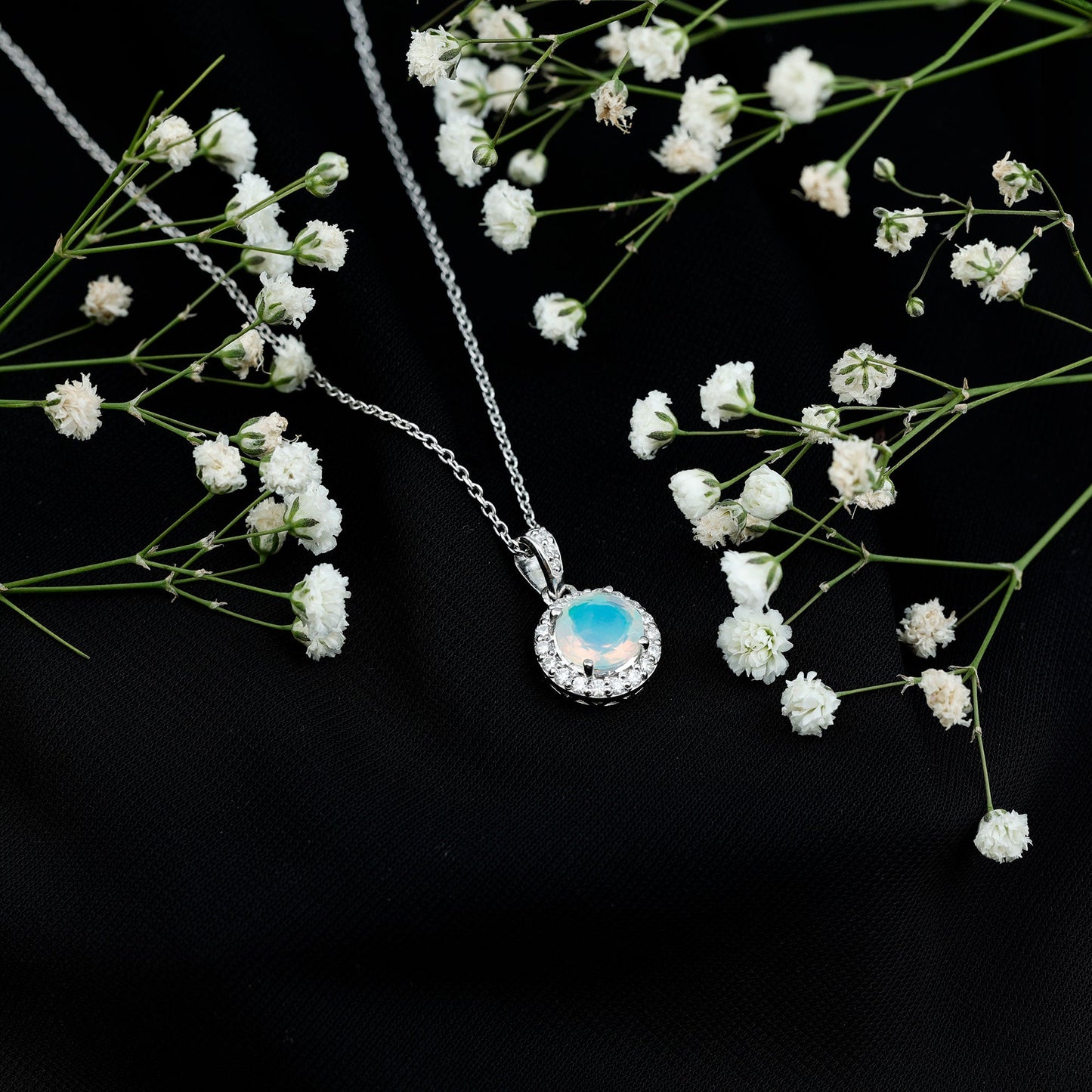 2 Carat Ethiopian Opal and Moissanite Halo Necklace with Silver Chain