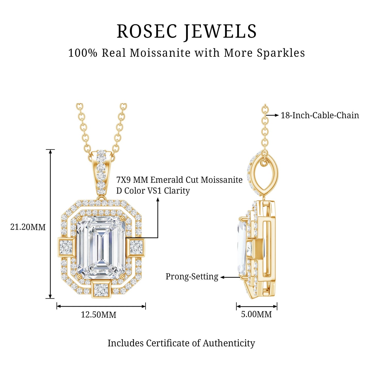 Vintage Style Emerald Cut Moissanite Halo Pendant Necklace