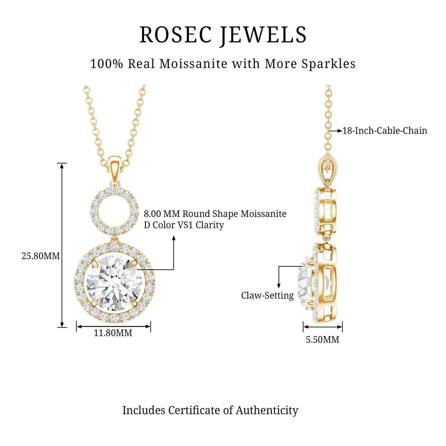2 Carat Round Moissanite Wedding Dangle Necklace with Halo
