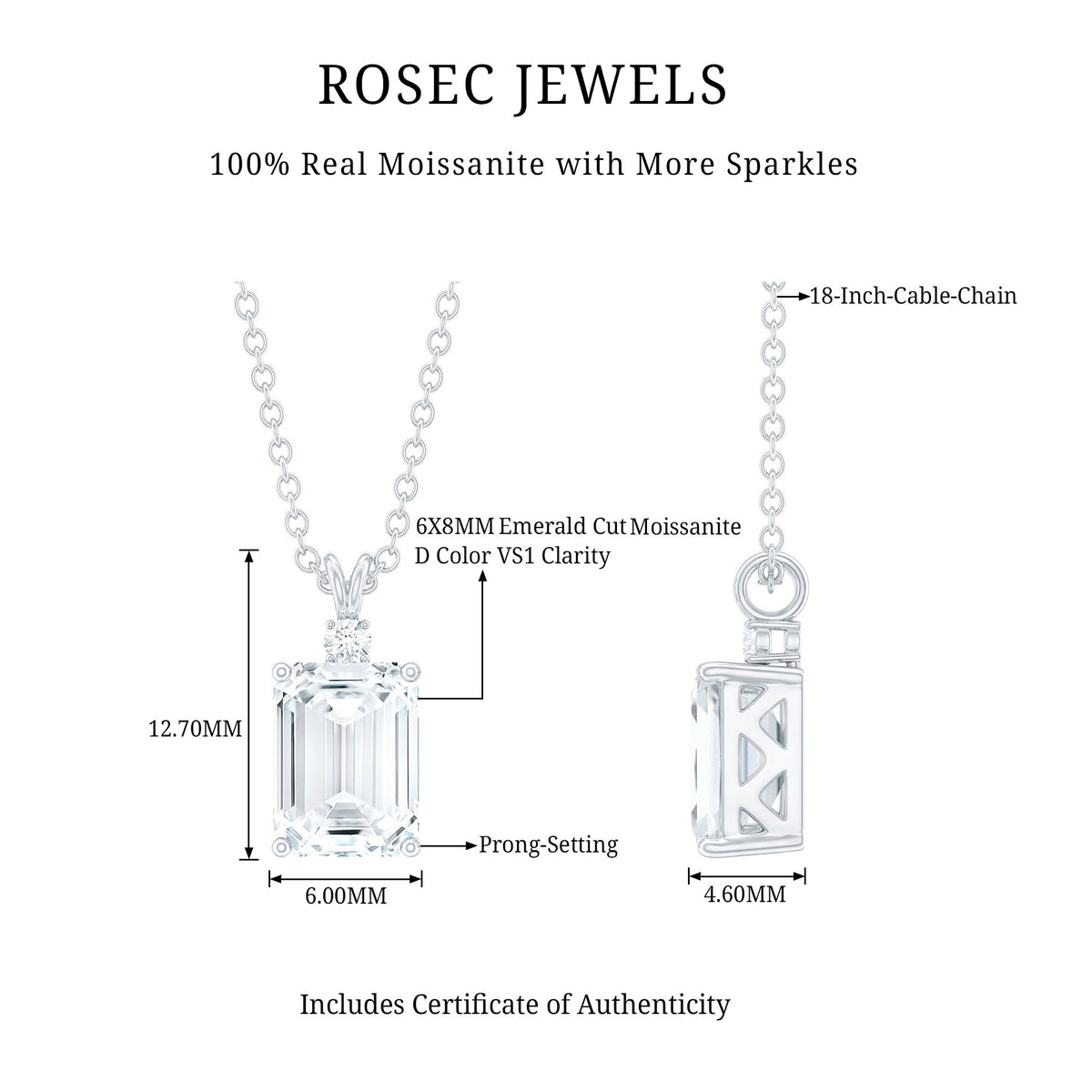 1.8 Carat Solitaire Moissanite Emerald Cut Pendant Necklace