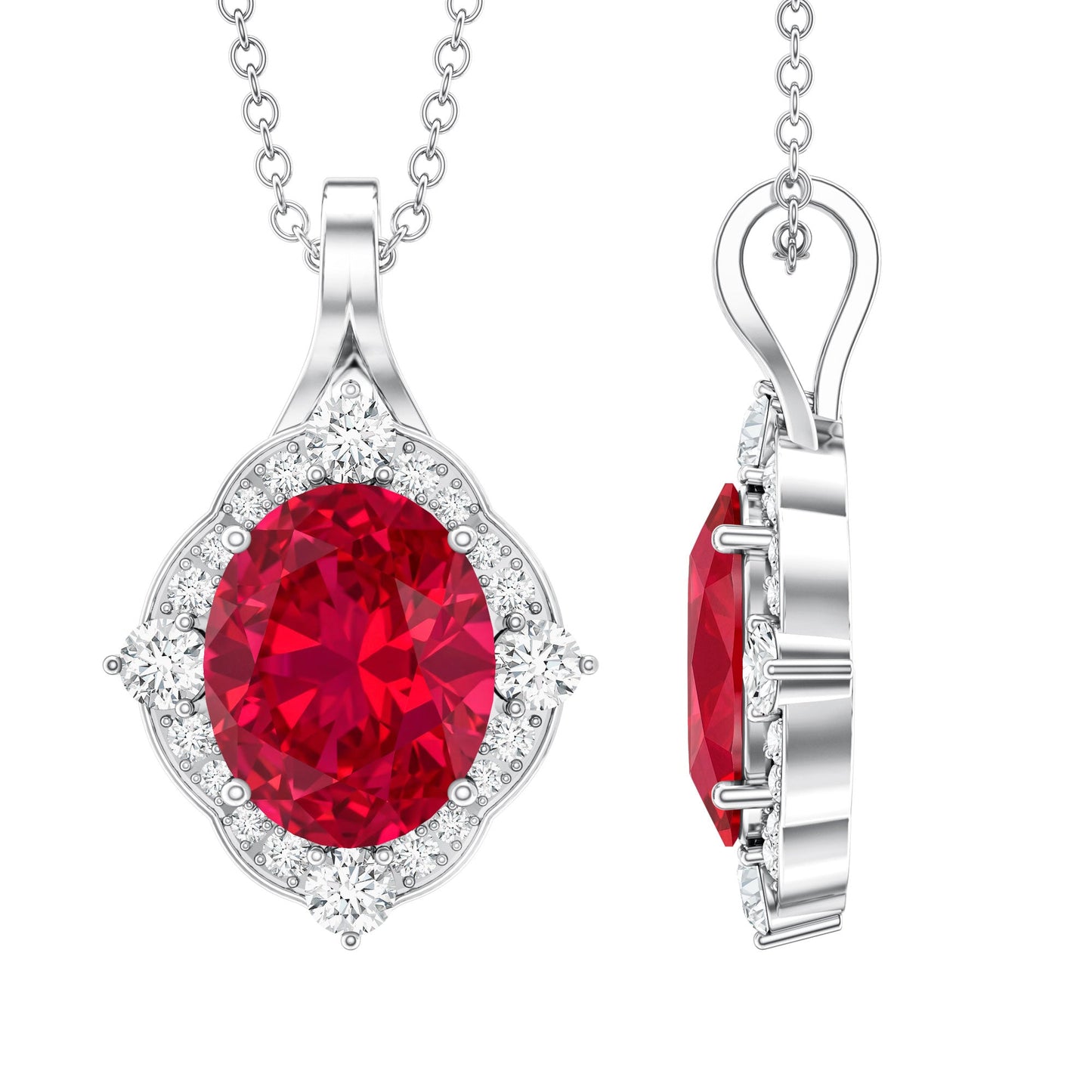 4 Carat Lab Grown Ruby Vintage Inspired Necklace with Diamond Halo