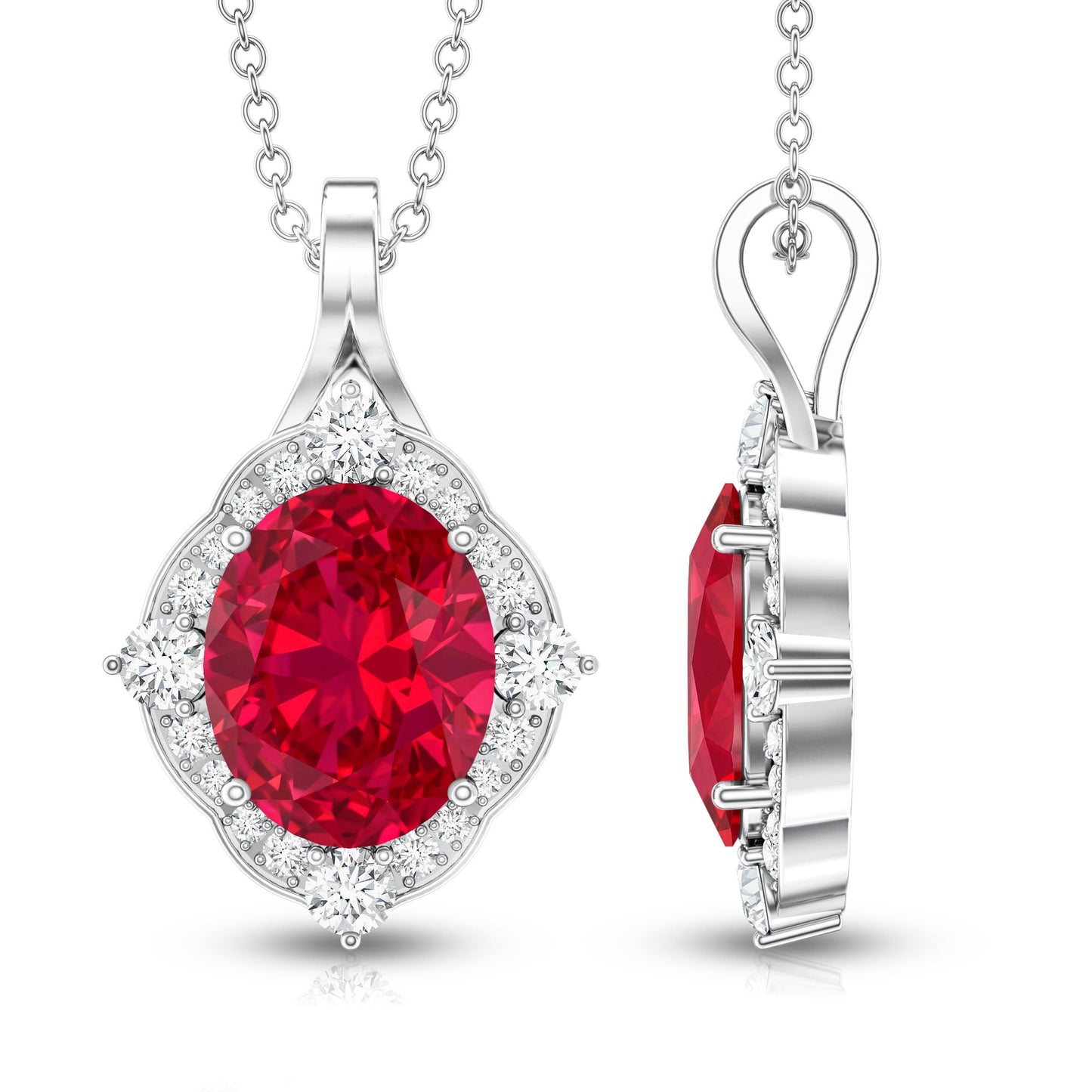4 Carat Lab Grown Ruby Vintage Inspired Necklace with Diamond Halo
