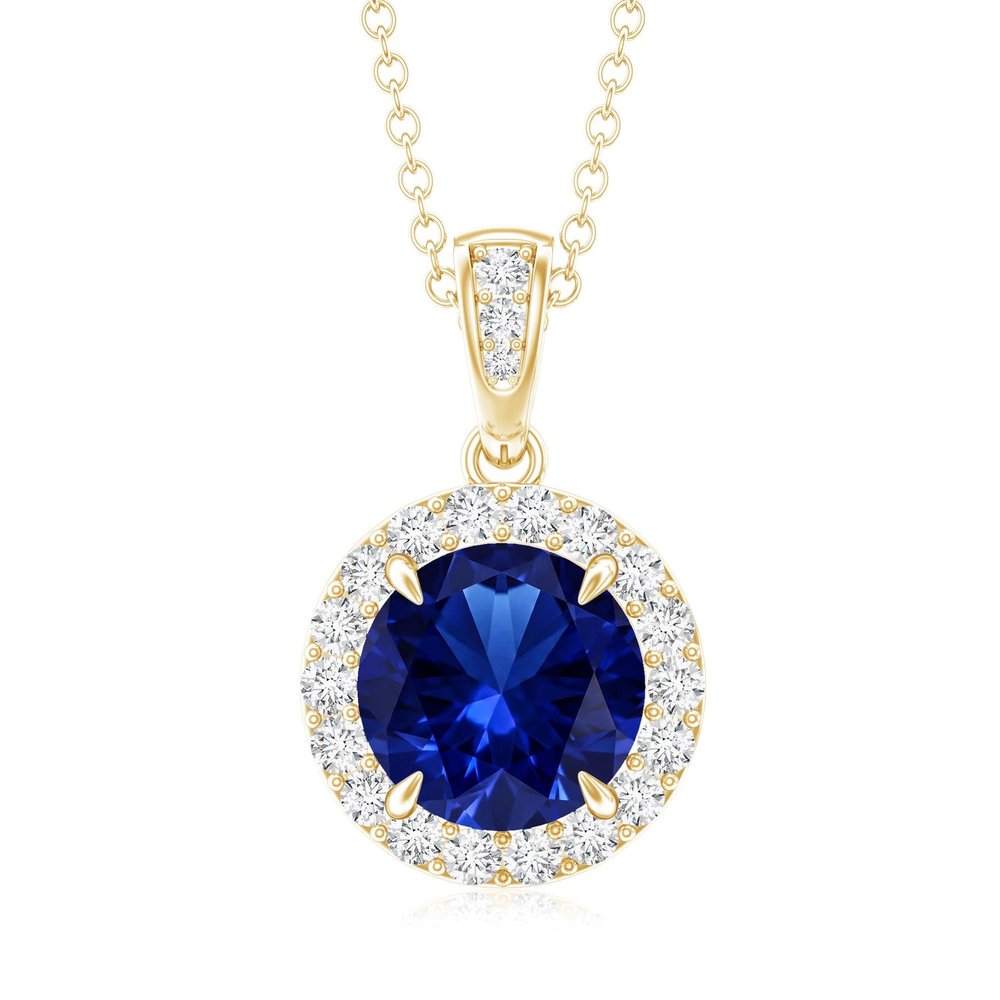 2.74 Carat Round Lab Created Blue Sapphire Halo Necklace with White Diamond