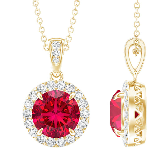 2.3 Carat Round Lab Created Ruby and Diamond Halo Pendant Necklace
