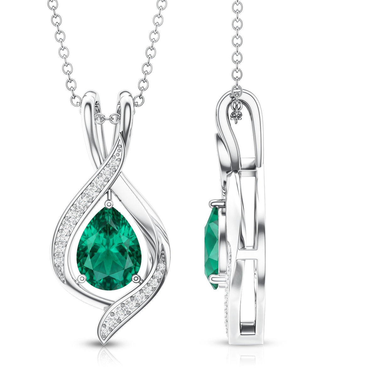1 Carat Pear Cut Lab Created Emerald Teardrop Pendant with Diamond