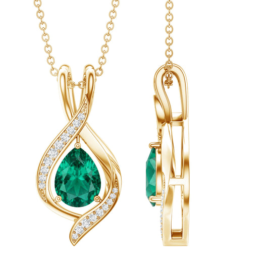 1 Carat Pear Cut Lab Created Emerald Teardrop Pendant with Diamond