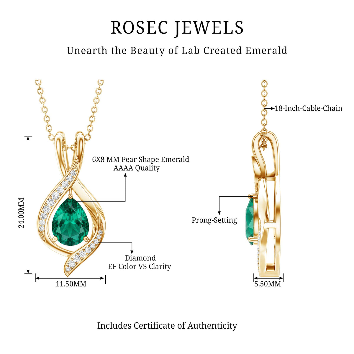 1 Carat Pear Cut Lab Created Emerald Teardrop Pendant with Diamond