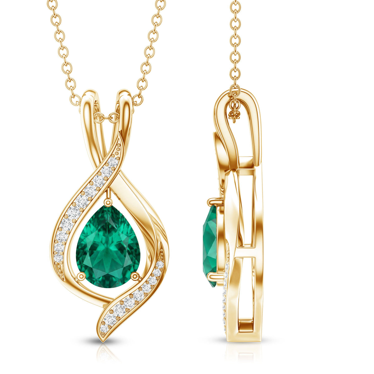 1 Carat Pear Cut Lab Created Emerald Teardrop Pendant with Diamond