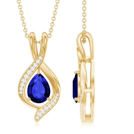 Certified Lab Created Blue Sapphire Teardrop Necklace with Moissanite