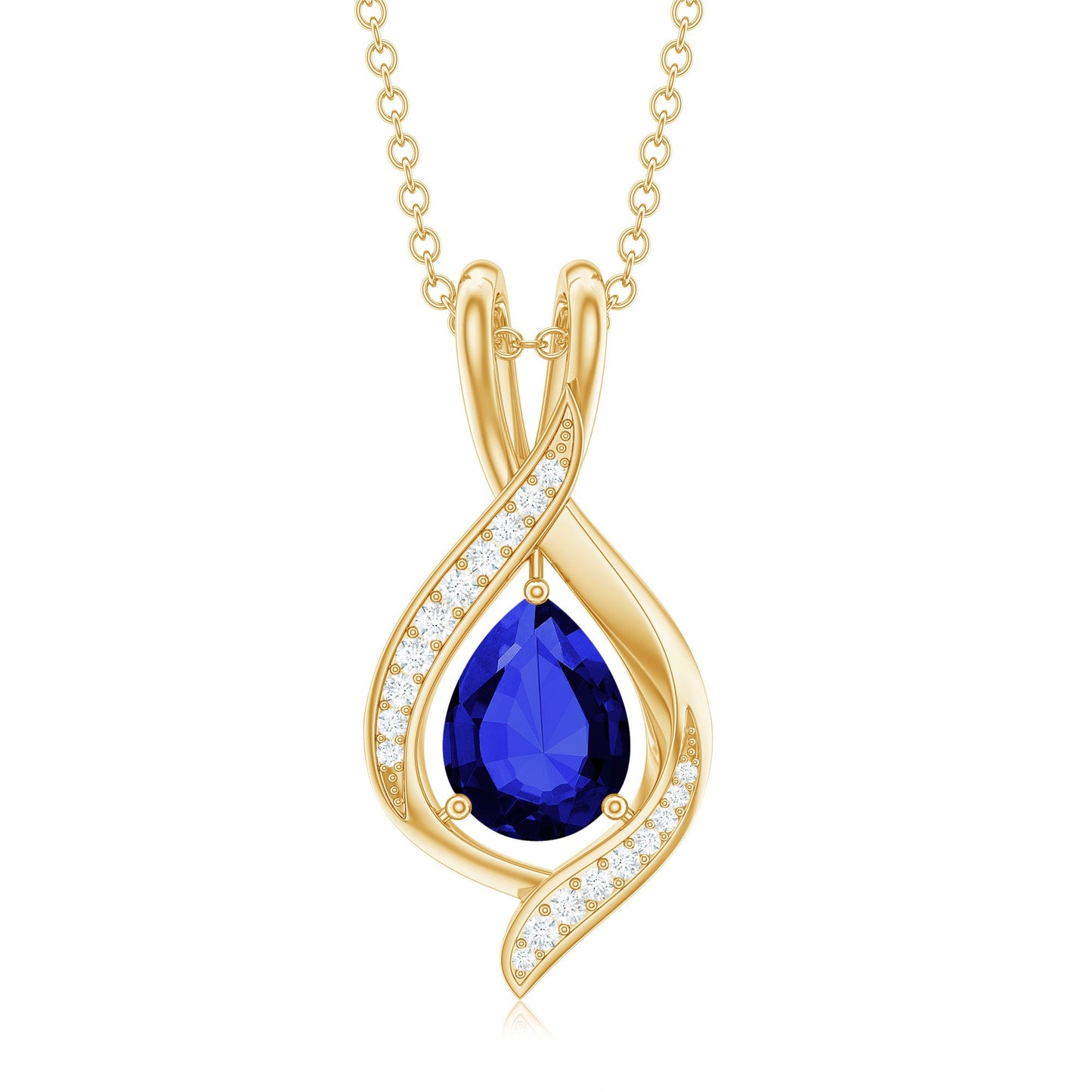Certified Lab Created Blue Sapphire Teardrop Necklace with Moissanite