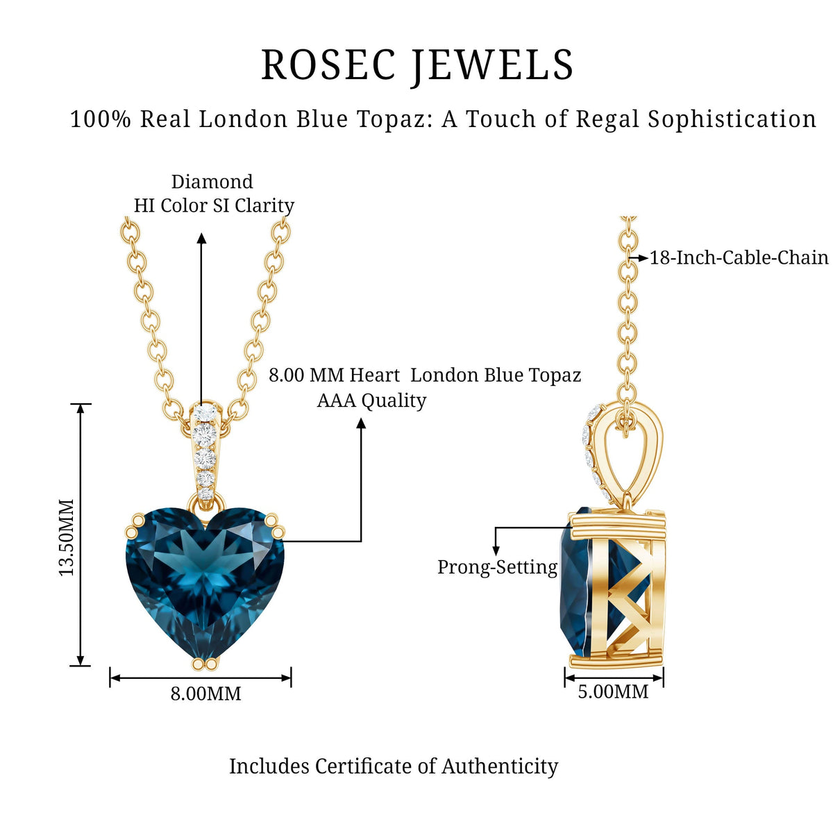 2 Carat Certified London Blue Topaz Heart Necklace with Diamond