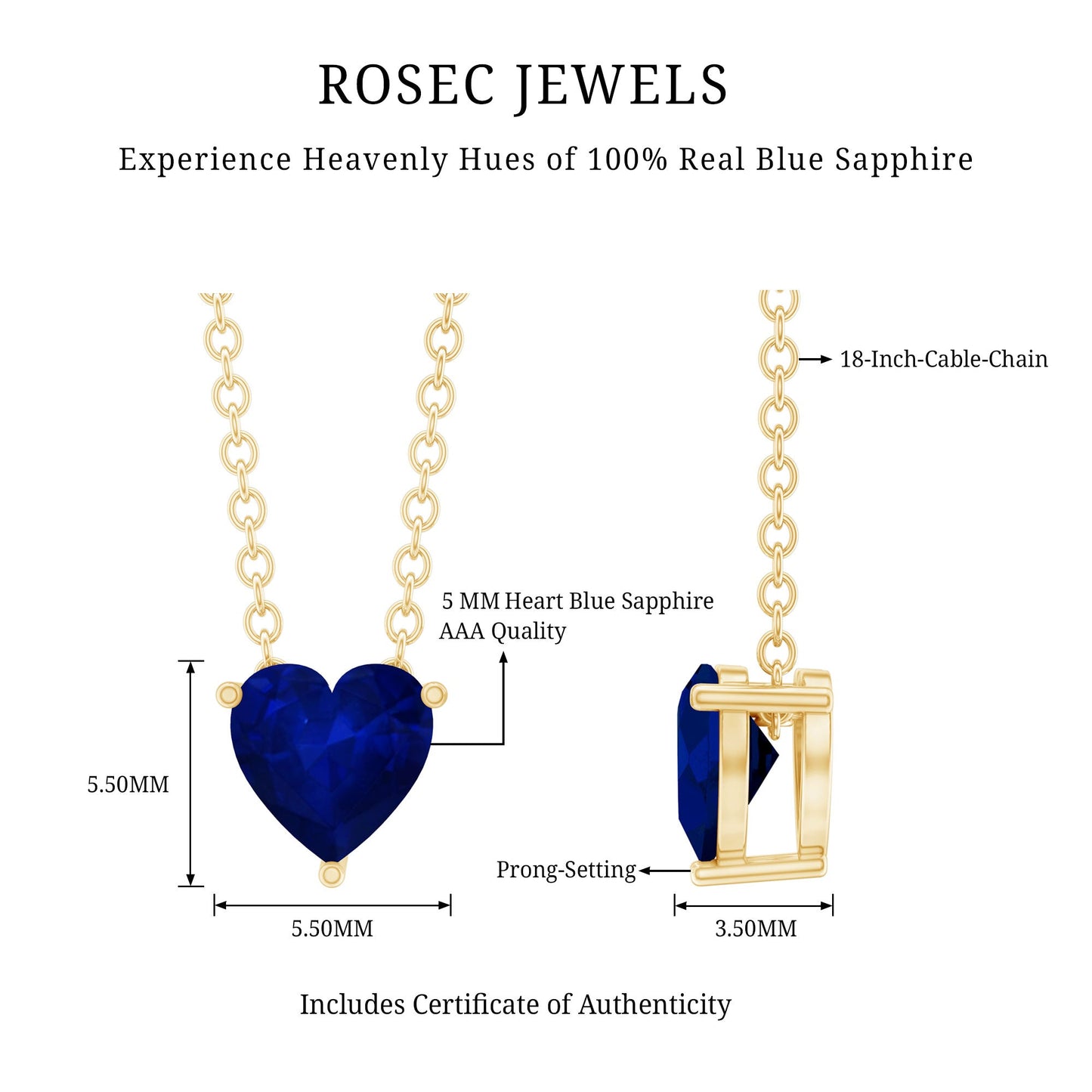 Heart Shape Blue Sapphire Solitaire Necklace for Women