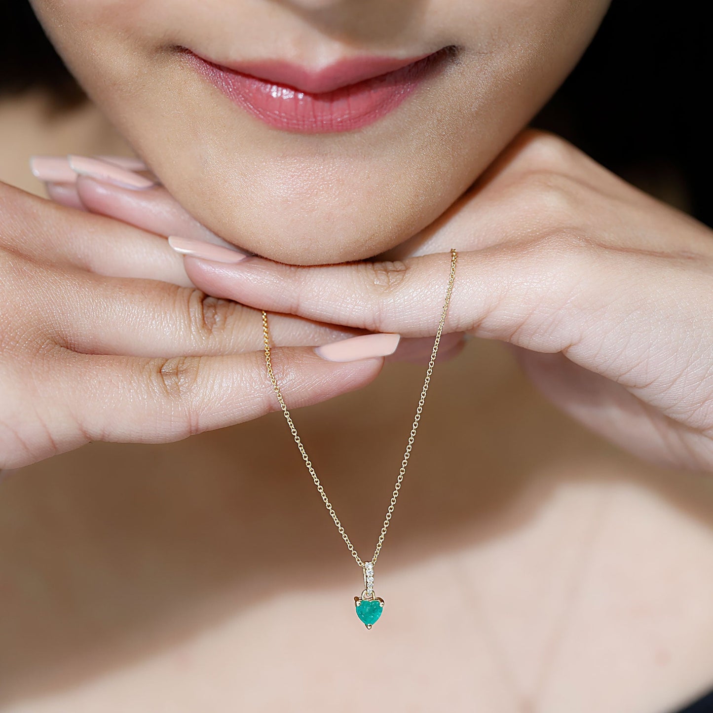 Heart Shape Emerald Promise Necklace with Diamond Accent Bail