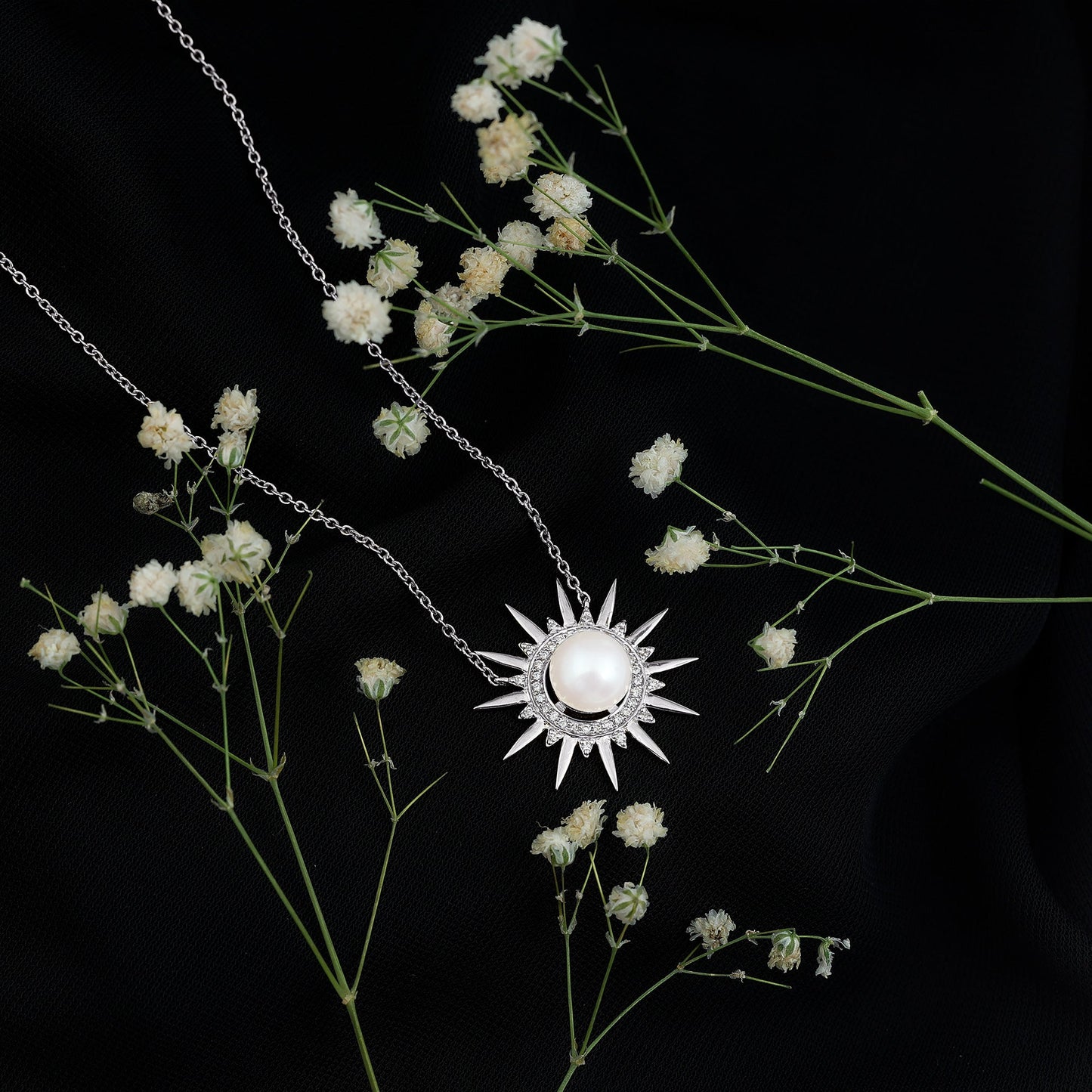 Natural Freshwater Pearl and Diamond Sunburst Pendant Necklace