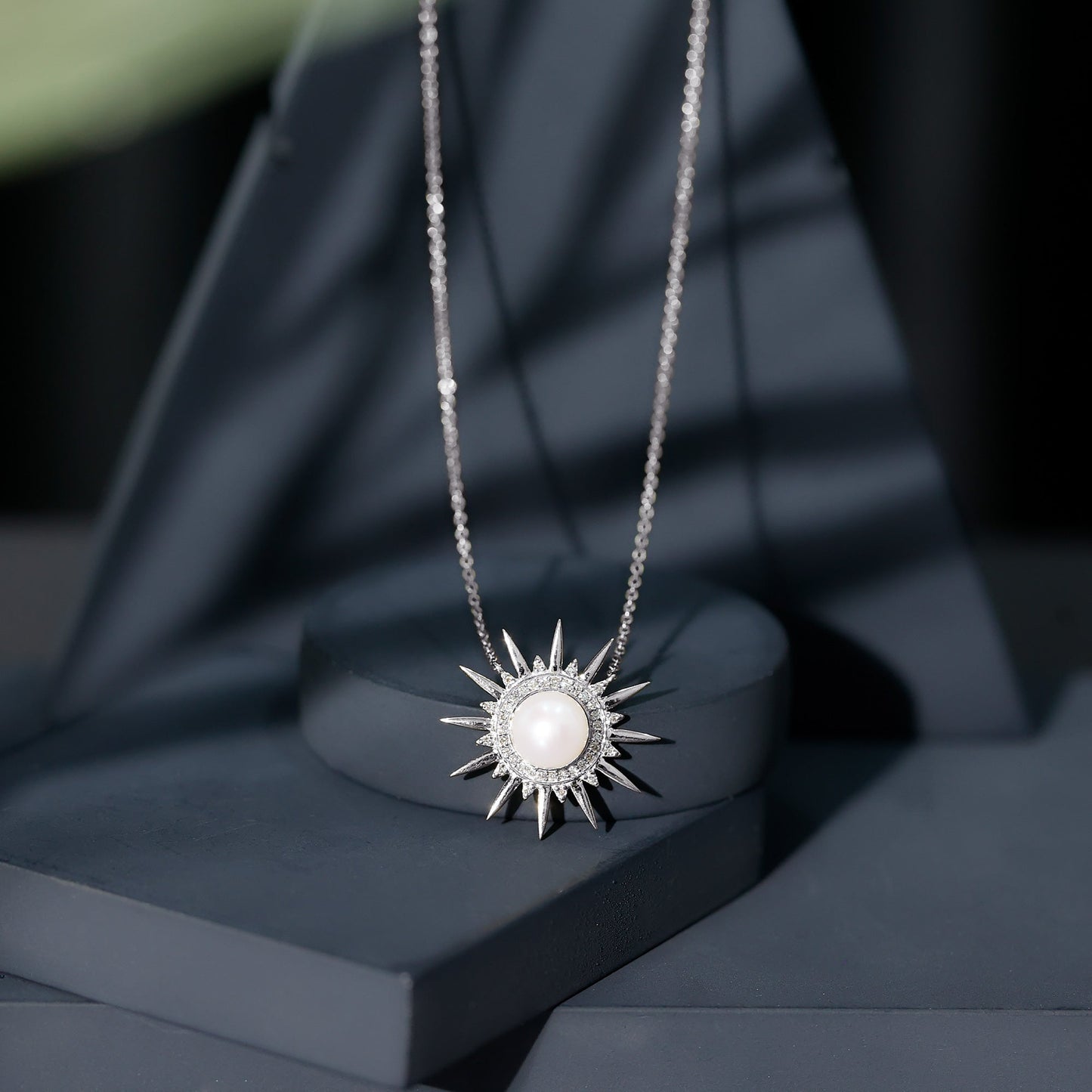 Natural Freshwater Pearl and Diamond Sunburst Pendant Necklace