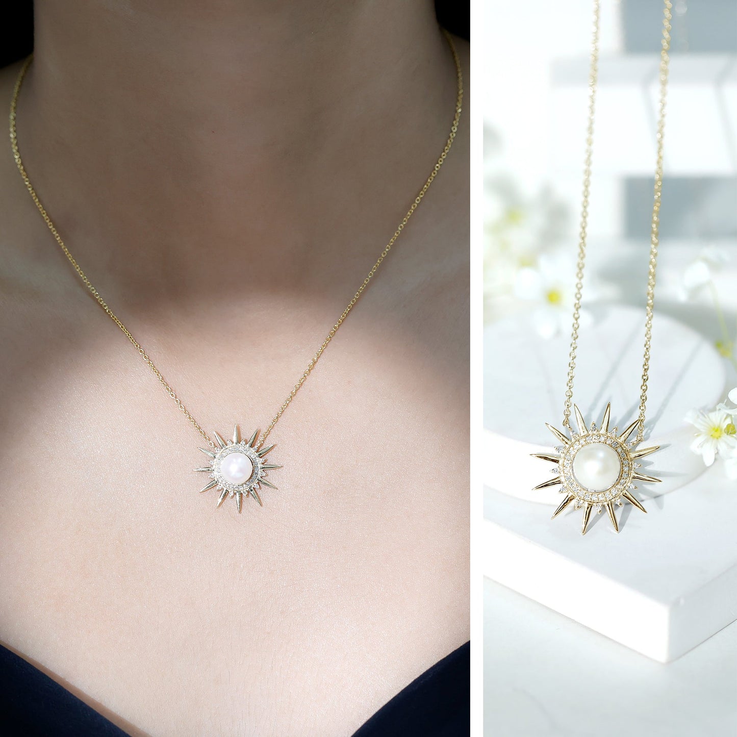 Natural Freshwater Pearl and Diamond Sunburst Pendant Necklace
